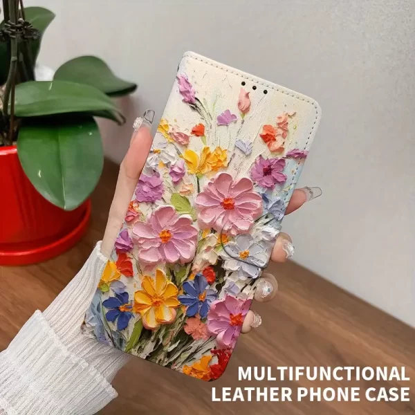 Oil painting floral pattern wallet-style phone case with card holder and hand strap, suitable for iPhone 15/15 PRO/15 PRO MAX/15 PLUS/16/16 PRO/16 PRO MAX artificial leather flip phone case