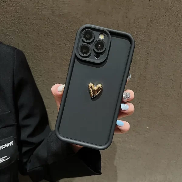 3D gold heart matte phone case for iPhone 16 15 Pro Max