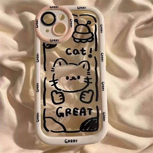 Cream shell IND black line kitten phone case for Apple 15 16 promax