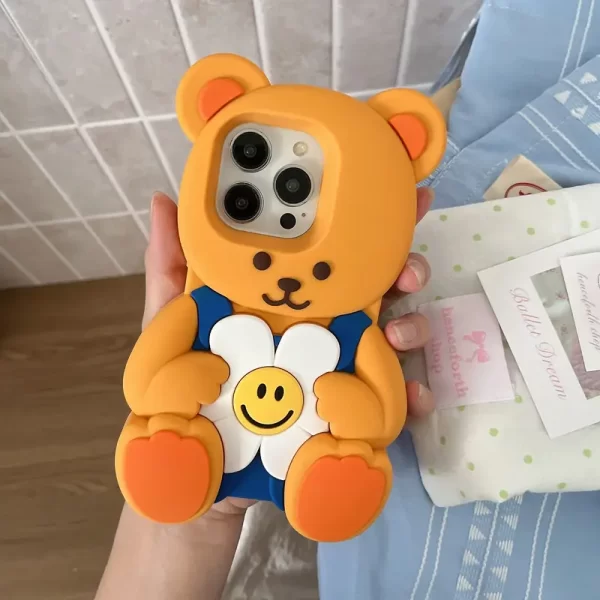 Cartoon 3D Sunflower Bear for iPhone 15, 16 Promax Silicone Full-Cover Case