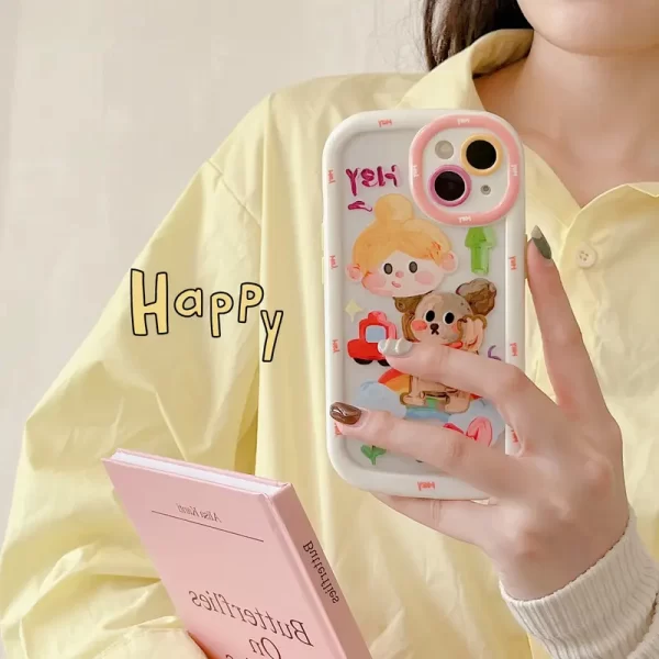 Creamy shell oil painting girl dog phone case for iPhone 15 16 promax