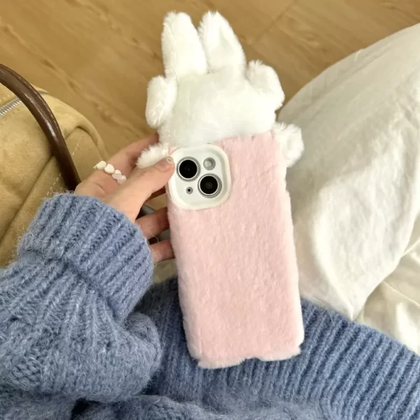 Suitable for iPhone 16promax plush cute earmuffs, bunny 15 phone protection case, plush high-value girl heart phone case