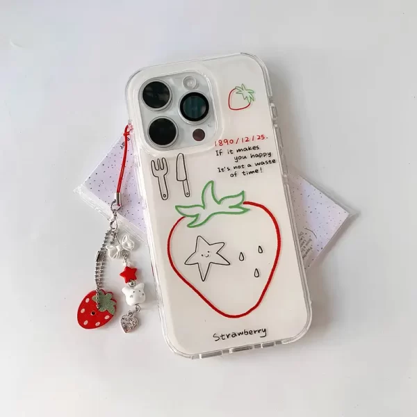 Crystal transparent white light painted lines strawberry knife and fork phone case with strawberry pendant suitable for Apple 15 16 Promax