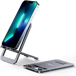 JSAUX Cell Phone Stand, Foldable Aluminum Adjustable Phone Holder for Desk Portable Travel Essentials Office Accessories Compatible with iPhone 16 15 14 13 Pro Max Samsung S24 S23 Ultra Kindle-Gray