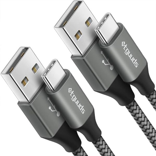 etguuds USB to USB C Cable 2ft, 2-Pack USB A to Type C Charger Cord Fast Charging for Samsung Galaxy A15 A25 A35 A55 A54, S24 S23 S22 S21 S20 S10 S10E, Note 20 10, Moto G, for iPhone 16 15, Gray