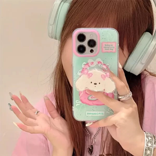Crystal-clear white powder shoulder bag with a small dog phone case and an iPhone 15 16 Pro Max dog holder