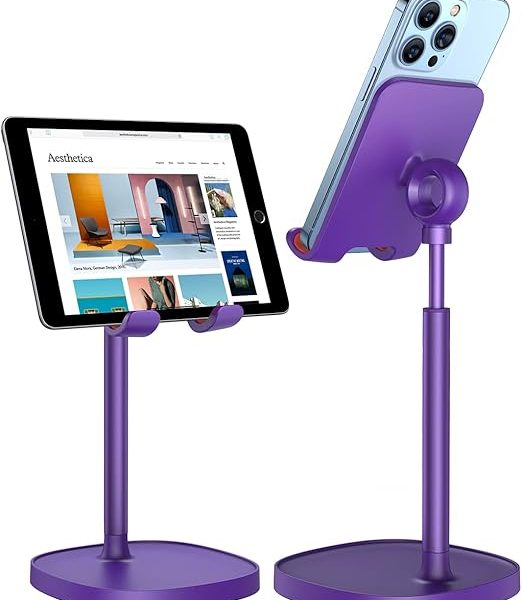 LISEN Cell Phone Stand Adjustable Phone Holer for Desk, Computer Office Desk Accessories for iPhone 16 Holder Women Kitchen Essentials Fits All Mobile Phones Switch Kindle iPads Tablet 4-10in Purple