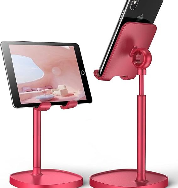 LISEN Cell Phone Stand Adjustable Phone Holer for Desk, Computer Office Desk Accessories for iPhone 16 Holder Women Kitchen Essentials Fits All Mobile Phones Switch Kindle iPads Tablet 4-10in Red