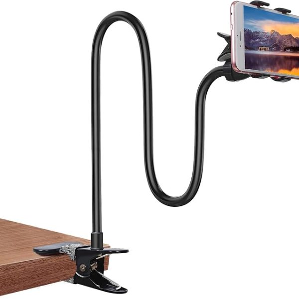 Gooseneck Bed Phone Holder, Flexible Long Arm Clip On Phone Holder for Bed, Desk, Headboard, Bedside, 360 Adjustable Cell Phone Clamp Mount Stand, All 4-7" Cellphone