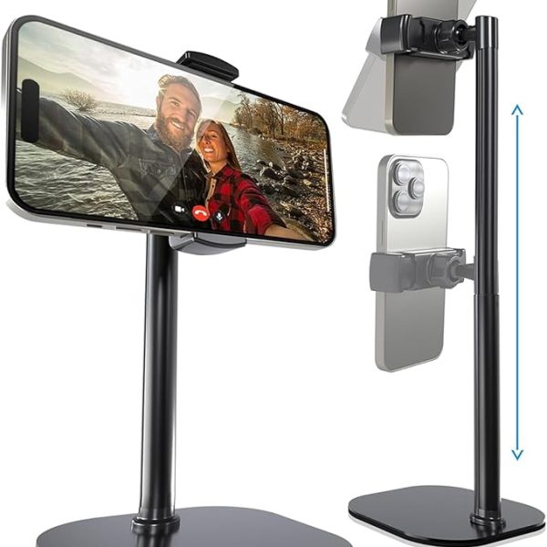COOPER ChatStand Adjustable Cell Phone Stand for Desk & Video Recording, Rotating Cell Phone Holder for Desk for All iPhone, Samsung, Android, 9-14" Face-Level Metal Desktop Tripod (Night Black)