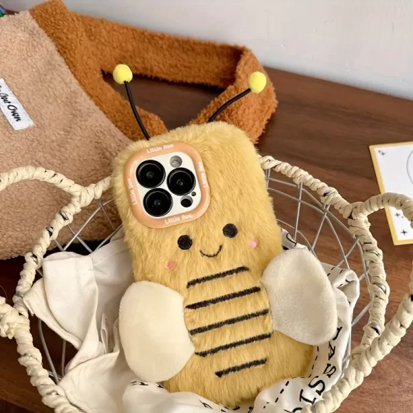 Plush three-dimensional embroidery cute bee lens phone case, suitable for Apple 16/15 Pro Max/15 Pro/15/15Plus full-cover phone protective case