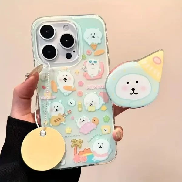 Crystal clear white light IND ice cream self deprecating bear phone case with bear holder suitable for Apple 15 16 Promax