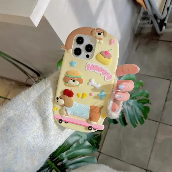 Cute three-dimensional skateboard dachshund phone case for iPhone 16 Promax, also suitable for iPhone 15 Promax Silicone soft shell