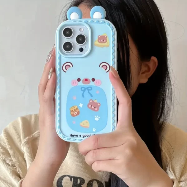NS style milk blue cartoon pig bear dustproof sliding window cover, suitable for iPhone 16 15 Pro Max phone case, shockproof protective cover