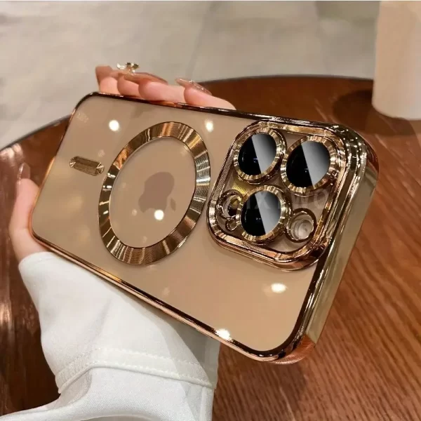 Luxury electroplated transparent magnetic wireless charging phone case, suitable for iPhone 15/16 Pro Max Plus with lens protection film, shockproof and clear soft cover