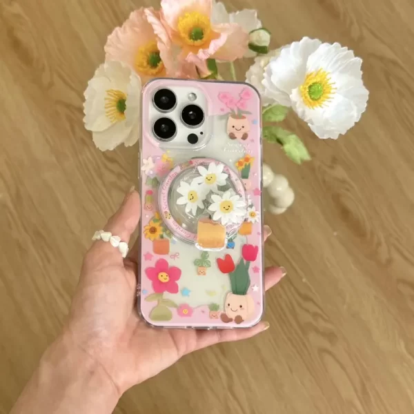Cute and colorful potted plant rotating flower design, compatible with iPhone 16 Promax, double-layer iPhone 15 Pro magnetic stand, Promax/15/16 series phone case protective cover