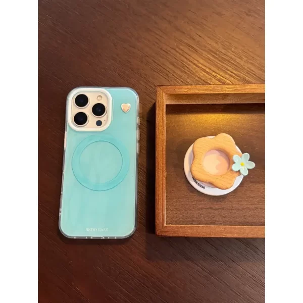 Double-layer magnetic attachment with a lake blue heart design + three-dimensional flower stand, suitable for Apple phone 16, 15, pro, and pro max