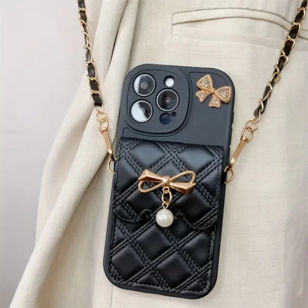 Diamond-patterned bow tie phone case for iPhone 15 Promax, with hanging strap for diagonal carrying, full-coverage soft case for 12 Mini/13 Mini, protective cover for 11, and coin purse