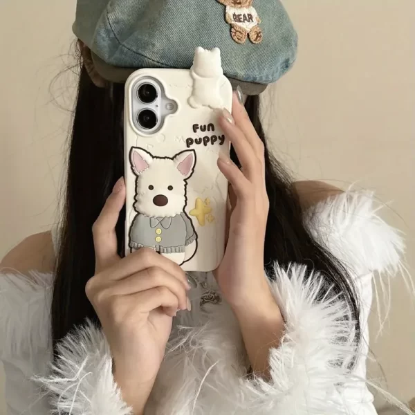 Cute 3D West Highland Terrier iPhone 16 Promax Silicone Phone Case 15 Promax Simple Girl Heart-shaped Cartoon High-end Fun Phone Case