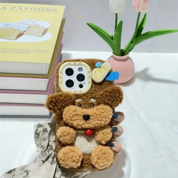 Winter Warm Brown 3D Bell Dog Plush Phone Case for iPhone 16 15 Pro Max