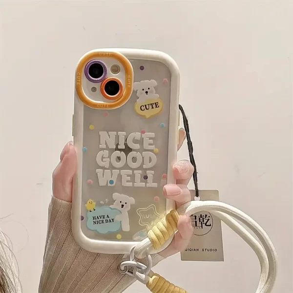 Cream shell painted colorful polka dot puppy phone case with same color phone lanyard suitable for Apple 15 16 Pro Max