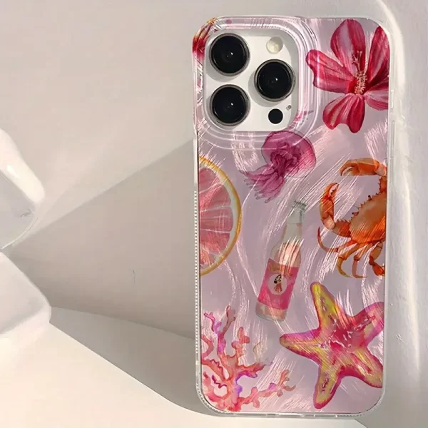 Cute pink heart-shaped starfish coral jellyfish crab pattern phone case, suitable for iPhone 16 15 Pro Max16E protective case