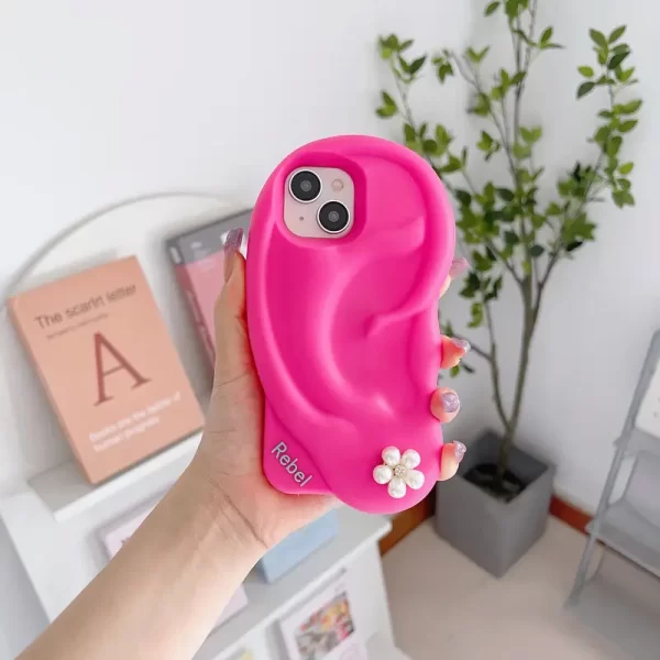 Original Rose Red 3D Ear High Quality Silicone Phone Case Suitable for iPhone 15/Pro Soft Case Creative Protective Case 15ProMax Exquisite Small Pearl Small Flower Phone Case Fashion Women