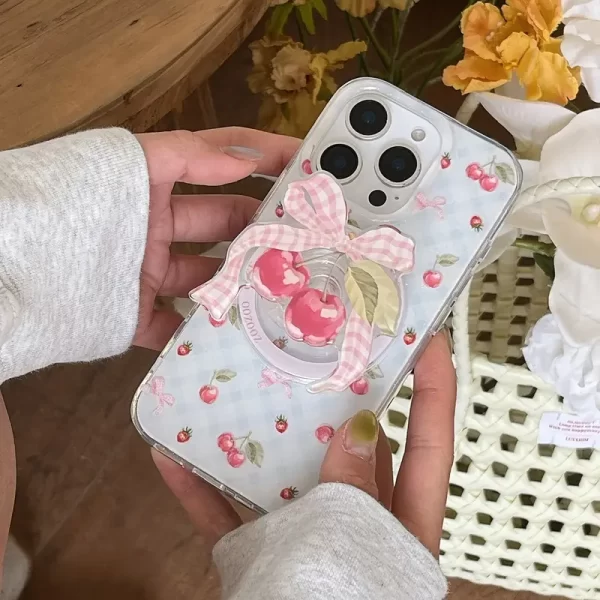 Summer cherry blue checkered phone case with stand, suitable for iPhone 16 Pro Max / 15 Pro Max. Fashionable and minimalist design, trendy protective cover for women