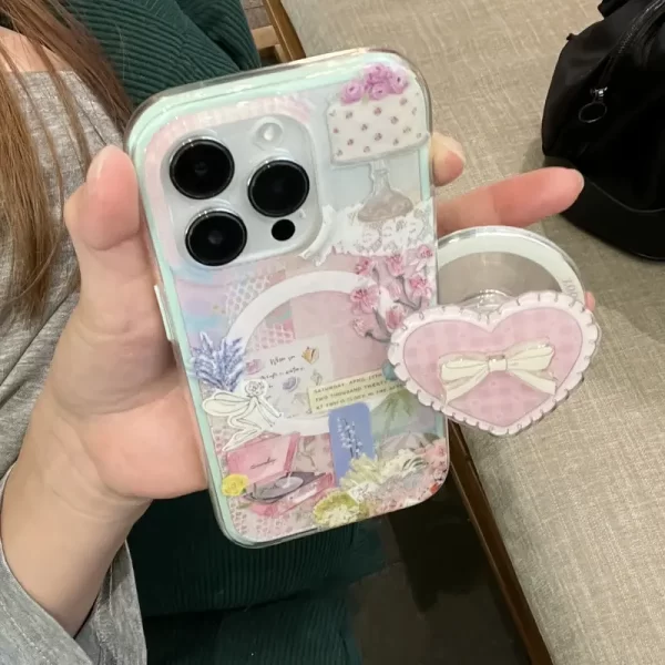 Magnetic 2-in-1 floral music box pink checkered heart bow stand for Apple For iPhone16ProMax case/For iPhone15ProMax case fashionable women's phone case