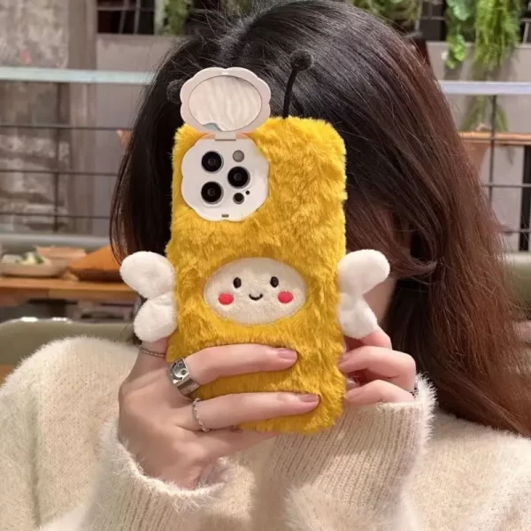 Suitable for phone case alphaone15promax plush bee flip mirror cute women's internet famous Instagram explosive all inclusive lens new furry phone case